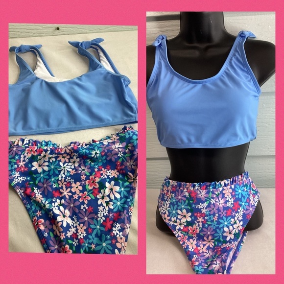 Blue two piece with flower bottom swimsuit. - Picture 4 of 7
